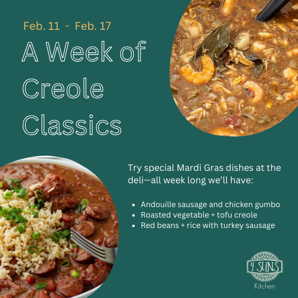pictures of creole dishes, plus 4 Suns logo, and dish description